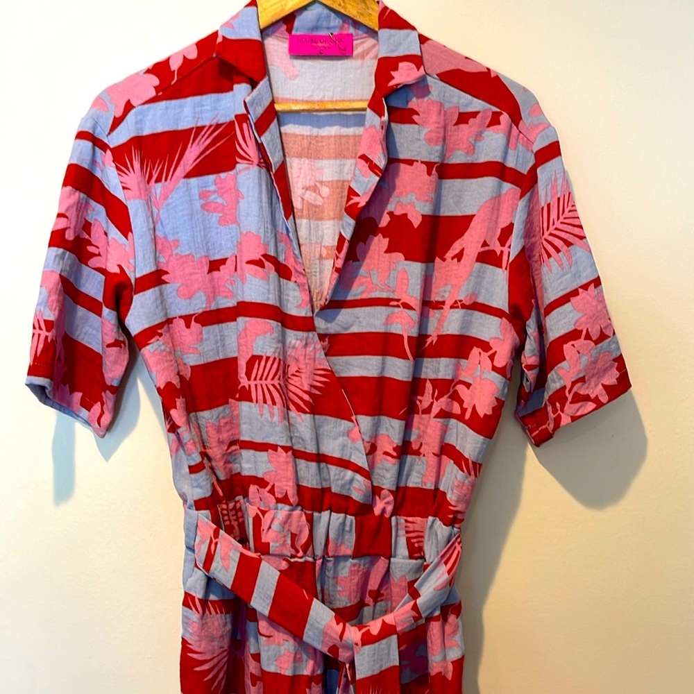 Striped Floral Short-Sleeve Jumpsuit in Red, Pink & Light Blue
